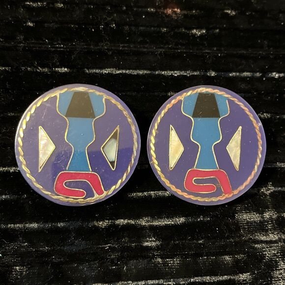 Unique Vintage Resin Acrylic Abalone MOP Inlay Southwestern Clip On Earrings - Picture 1 of 5